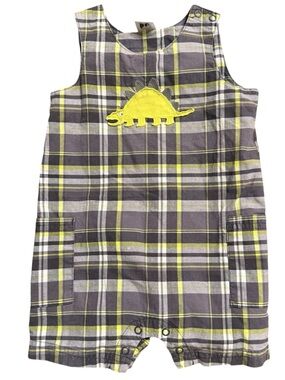 Vintage Carter’s Gray Plaid Dinosaur Appliqué Shortall Romper 12 Months Cotton